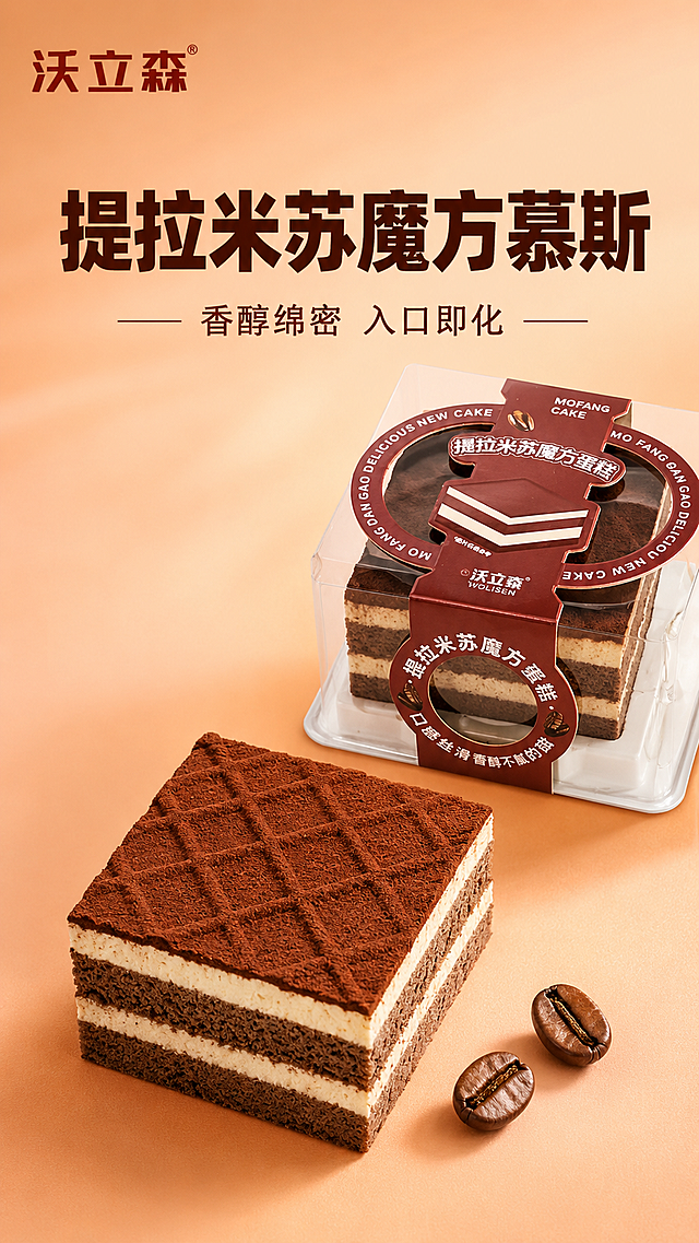 [主图-1] 沃立森提拉米苏魔方慕斯蛋糕首图，场景化食欲感展示。氛围风格：温馨治愈美食风，浓郁高级食欲感。画质：商业美食摄影质感，光线柔和通透，产品清晰真实，画面干净高级。元素：完整的提拉米苏魔方慕斯蛋糕居中放置，一块切开放置前方展示丰富分层，旁边搭配两颗真实咖啡豆点缀，背景为暖调浅橙色渐变桌面，保持蛋糕外观结构、分层材质、颜色与输入产品图绝对一致，杜绝任何变形和色差，精细化处理。商品主体占比严格控制在65%左右，画面满屏无边框。左上负空间放置提取的品牌信息沃立森。光影：自然柔和暖光从侧上方打来，突出慕斯绵密纹理和可可粉哑光质感，高光部分点缀咖啡豆光泽，暗部有层次，整体通透不灰蒙。配色：主色调暖棕红，搭配浅暖橙色背景，和谐高级。视角构图：45度俯视平视结合，蛋糕为绝对视觉中心，景深适中，轮廓完整不裁切。文字版式：左上品牌名沃立森，保持原字形配色。大字主文案居中上方“提拉米苏魔方慕斯”，深棕色大号粗体无衬线，辅助文案小字“香醇绵密 入口即化”，文字不遮挡主体，深棕与浅背景形成强对比，清晰易读。比例分辨率：9:16比例，2k分辨率，文字清晰可辨，超高清。负向提示词：变形，水印，文字错乱，产品图模糊，背景杂乱，文字遮挡主体。