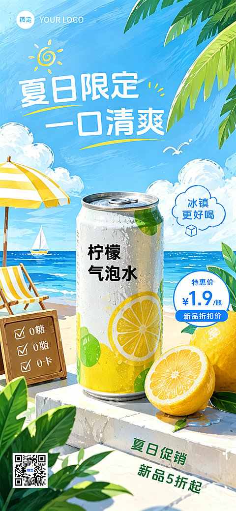 夏季促销奶茶茶品水果冰饮饮料创意清爽插画风营销海报