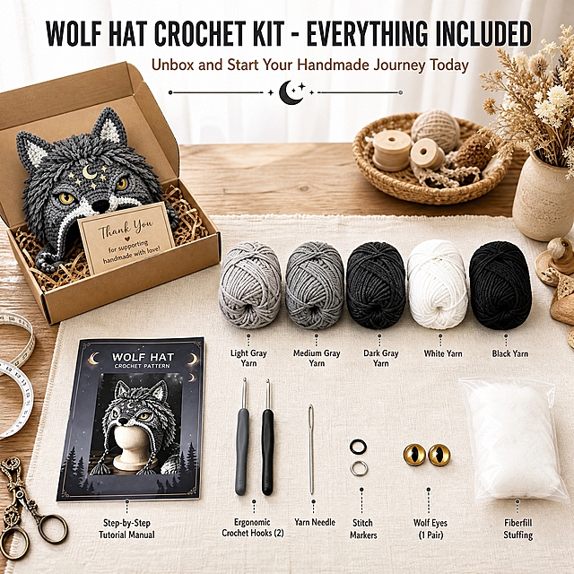 [主图-8 狼款] 主题：Wolf Crochet Kit Full Package Unboxing 狼款材料包完整开箱展示。唯一任务：以手工桌面场景展示狼款全套配件，突出开箱即做的手作体验。
[统一基调] 跨境亚马逊风格，温暖治愈的手工编织场景，原木色桌面+米白色棉麻桌布背景，英文无衬线粗体标题字色为深炭灰，辅助说明字色为暖棕色，强调色用深灰金点缀图标和分隔线。
[画面] 画面为手工开箱场景：原木色大桌面上铺米白色亚麻布，中央用Knolling方式整齐展示狼款套装的全部配件，排列有序但有手作温度。配件包括：5团灰色系毛线（浅灰、中灰、深灰、白、黑，按颜色渐变排列）、2支人体工学钩针（灰柄+黑柄）、缝合针、记号扣、金色狼眼配件1对、白色填充棉1包、狼帽教程手册1本（封面有狼帽图案）。每件配件下方用细引线标注英文名称。画面左上角放一个打开的牛皮纸礼盒，里面露出狼款材料包的一角和一张手写感谢卡，暗示开箱惊喜。桌面点缀：藤编小篮、木质线轴、干花束、一把复古小剪刀、一个皮尺。背景是虚化的白色窗帘和绿植，营造温馨手工作坊感。产品配件占画面约70%。
[光影质感] 温暖柔和的窗边自然光，从左上方斜射，每件配件下方有自然柔和的接触阴影，毛线蓬松有质感，金属钩针有细腻光泽，整体干净温馨有手作氛围。
[配色] 背景原木色+米白亚麻+绿植虚化，配件保持原图狼款灰色系真实颜色，文字深灰+暖棕，强调色深灰金。
[文字版式] 顶部大标题："WOLF HAT CROCHET KIT - EVERYTHING INCLUDED"；副标题："Unbox and Start Your Handmade Journey Today"；配件名称用小号无衬线字体，整齐排列在对应配件下方。
[输出要求] 1:1正方形，2048x2048，2K分辨率，文字清晰，配件排列整齐。负向：变形、错字、模糊、杂乱、水印、平台Logo、中文、悬浮、配件重叠、绿色系、龙款元素。