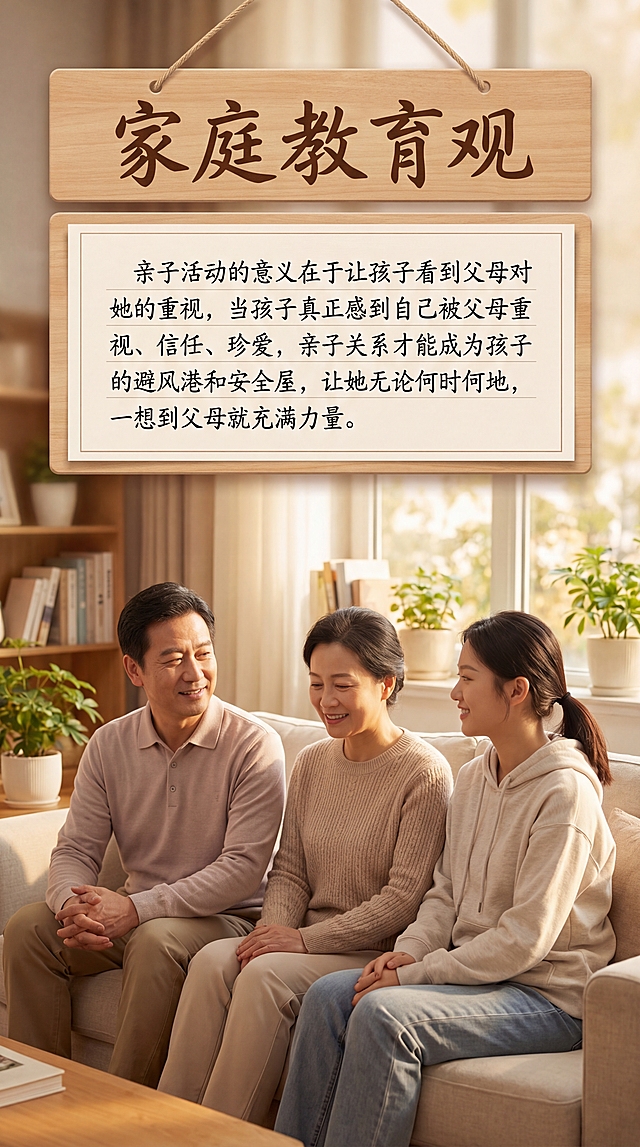 温馨家庭风格，画面中只有一对中年中国父母和一个中国大学生女孩，画面上方书写清晰的中文标题"家庭教育观"，正文是清晰正确的中文文字"亲子活动的意义在于让孩子看到父母对她的重视，当孩子真正感到自己被父母重视、信任、珍爱，亲子关系才能成为孩子的避风港和安全屋，让她无论何时何地，一想到父母就充满力量。"，整体氛围温暖治愈