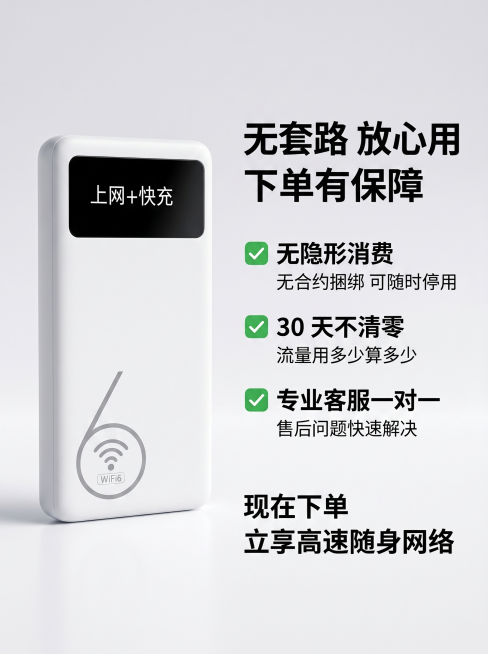 基于参考图，1:1精准还原4GMIFI15随身WiFi产品外观：白色哑光圆角机身，正面黑色'上网+快充'数显屏，机身WiFi6标识，仅展示产品正面，不展示其他角度。商业产品精修摄影质感，8K超写实，影预览效果