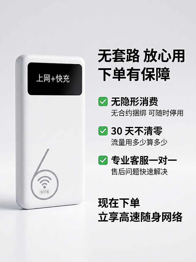 基于参考图，1:1精准还原4GMIFI15随身WiFi产品外观：白色哑光圆角机身，正面黑色'上网+快充'数显屏，机身WiFi6标识，仅展示产品正面，不展示其他角度。商业产品精修摄影质感，8K超写实，影棚级柔和立体光影，纯白极简浅灰色渐变无场景背景，无人物、无多余装饰元素。生成下单保障详情图，比例为3:4竖版，900*1200像素。产品主体居画面左侧，占画面宽度30%；画面右侧排版：主标题为'无套路 放心用 下单有保障'，保障内容：✅ 无隐形消费 无合约捆绑 可随时停用；✅ 30 天不清零 流量用多少算多少；✅ 专业客服一对一 售后问题快速解决；底部引导：现在下单 立享高速随身网络。所有文案统一使用粗体醒目无衬线字体，画面干净整洁，传递安心感，产品主体清晰无变形。