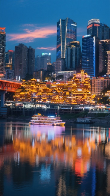 重庆洪崖洞夜景，嘉陵江与长江交汇处，灯火辉煌的吊脚楼建筑群，跨江大桥霓虹闪烁，江面上行驶着观光游船，水面倒映着城市灯光，深蓝色渐变天空点缀着晚霞，现代高楼与传统建筑交相辉映，光影层次丰富，色彩浓郁，具有强烈的城市氛围和视觉冲击力。预览效果