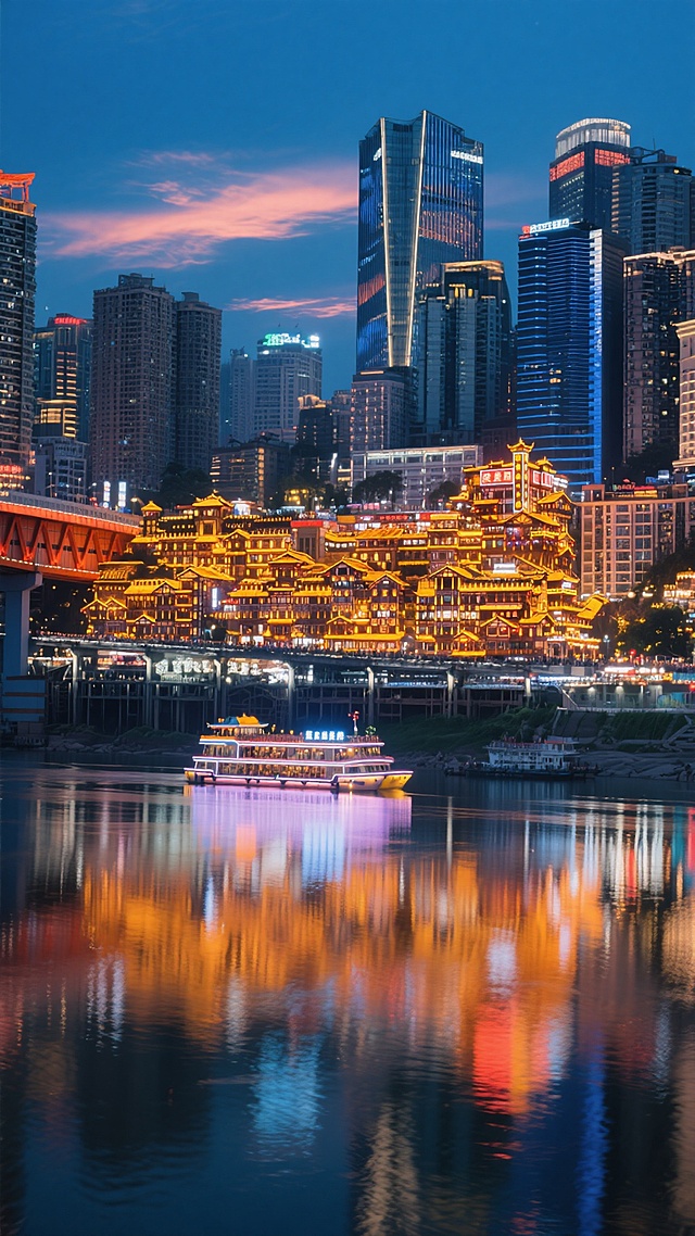 重庆洪崖洞夜景，嘉陵江与长江交汇处，灯火辉煌的吊脚楼建筑群，跨江大桥霓虹闪烁，江面上行驶着观光游船，水面倒映着城市灯光，深蓝色渐变天空点缀着晚霞，现代高楼与传统建筑交相辉映，光影层次丰富，色彩浓郁，具有强烈的城市氛围和视觉冲击力。