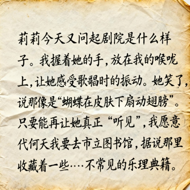 特写镜头，一张陈旧米白色纸张，边缘轻微磨损泛黄。内容是“莉莉今天又问起剧院是什么样子。我握着她的手，放在我的喉咙上，让她感受歌唱时的振动。她笑了，说那像是“蝴蝶在皮肤下扇动翅膀”。只要能再次让她真正“预览效果