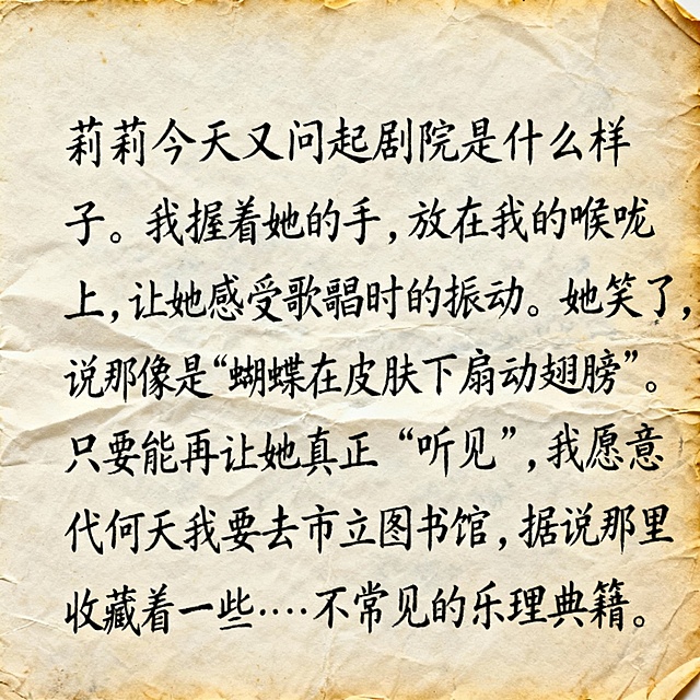 特写镜头，一张陈旧米白色纸张，边缘轻微磨损泛黄。内容是“莉莉今天又问起剧院是什么样子。我握着她的手，放在我的喉咙上，让她感受歌唱时的振动。她笑了，说那像是“蝴蝶在皮肤下扇动翅膀”。只要能再次让她真正“听见”，我愿意付出任何代价。明天我要去市立图书馆，据说那里收藏着一些…不常见的乐理典籍。”