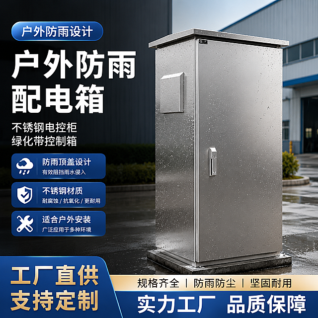 户外防雨不锈钢配电箱，工厂实力风，展示产品整体外观，文案：户外防雨配电箱 不锈钢电控柜 绿化带控制箱，突出防雨顶盖设计，适合户外安装，1:1构图，适配爱采购平台，工业风格背景，清晰专业的产品展示