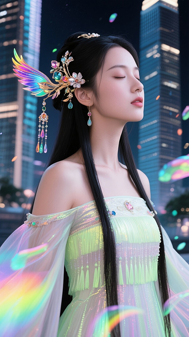 20張分鏡圖提示詞（9:16，32K電影級）
統一設定：25歲仙氣美女，長直黑髮、螢光流蘇長裙、宋代簪花，現代超現實城市夜景（摩天樓+國風霧氣+螢光光暈），無文字，電影寫真風格

0-3秒 Hook 吸睛組
開場霓虹海
9:16, 仙氣美女立於摩天大樓頂層，萬家燈火如星海傾瀉，裙擺飄揚如銀河流動，巨大圓月懸背後，城市全景藍紫螢光，32K電影寫真

副歌第一拍爆發
9:16, 美女高速旋轉起舞，霓虹光軌環繞如銀河，長髮甩出完美弧線，背景超現實城市燈光爆炸，動態模糊+強烈燈光暈染，32K

3-15秒 Verse 畫面推進
鳳釵搖曳特寫
9:16, 超近景古風鳳釵搖晃，鑲嵌寶石折射霓虹七彩，美女閉眼陶醉，背景虛化摩天大樓，螢光粒子緩飄，極致細節特寫

LED心跳特效
9:16, 城市廣告牌逐字亮起「你 的 名 字」，美女掌心對著螢幕微笑，粉紫光暈照亮臉龐，周圍行人變光點，超現實浪漫

15-30秒 Pre-Chorus 堆疊
5-8. 四連鏡頭轉場（每張3秒）
5. 霓虹雨中慢舞，透明雨絲帶螢光
6. 玻璃幕牆倒影雙重影像
7. 高速電梯俯視城市呼吸
8. 屋頂花園星光漫舞

30-45秒 Chorus 高潮
9-12. 舞臺感爆發
9. 摩天輪變身巨型舞臺，她置中起舞
10. 噴泉激光秀配合鼓點爆發
11. 無人駕駛車流變光帶環繞
12. 煙火+城市全景頂點