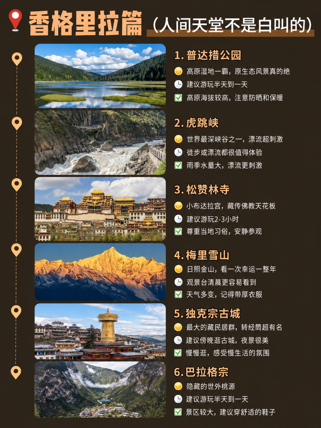 云南香格里拉旅游推荐攻略图，参考原图排版风格，深棕色背景搭配左… - 图片创意预览