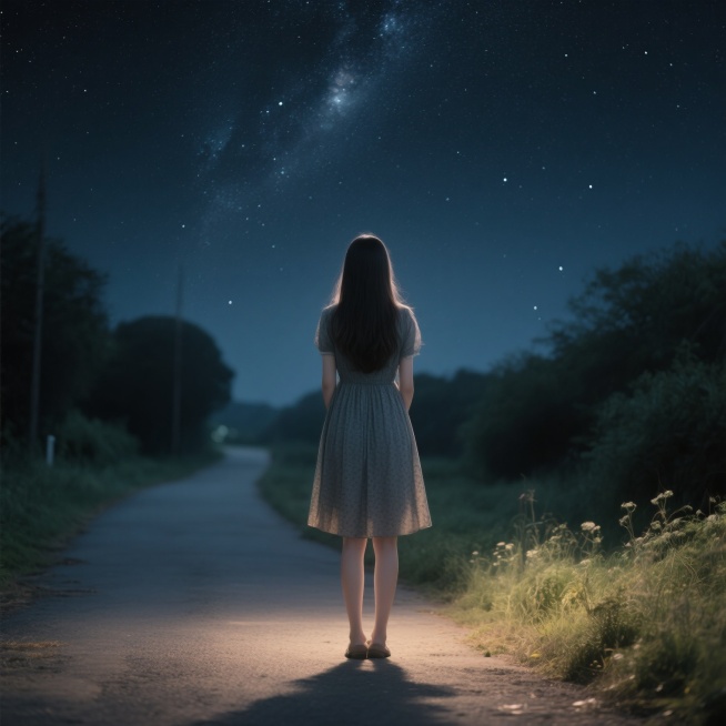 一位穿着连衣裙的长发女孩，背影站在黑暗的星空下，背景是幽静的小路边，小清新风格预览效果