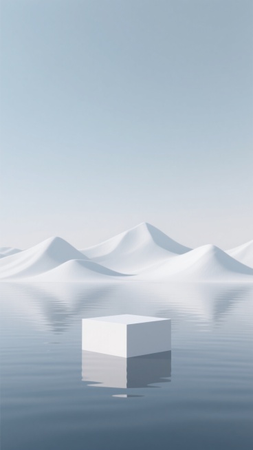 极简风格展台设计，以柔和渐变的浅灰蓝色天空为背景，下方是平静如镜的水面，水面上漂浮着一个由白色几何体构成的简洁展台，展台后方是起伏的白色山峦剪影，整体色调清新淡雅，光影柔和，营造出宁静、空灵的氛围，画面简洁大方，具有现代设计感。预览效果