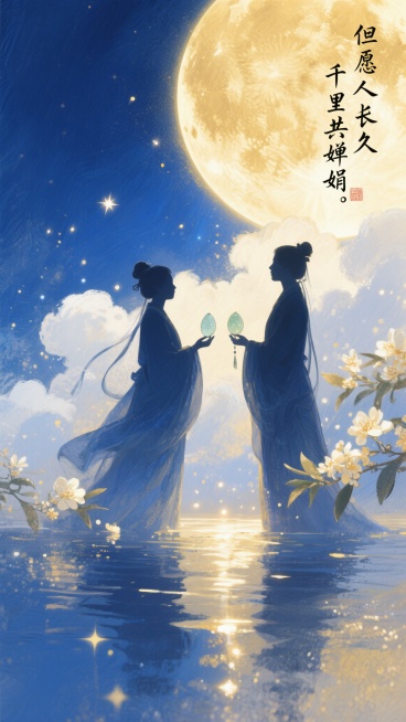 一轮巨大的金色满月悬于深蓝色夜空，月光如水银倾泻，洒在漂浮的云朵和桂花瓣上。画面中央有一对隔空相望的古风人物剪影，衣袂飘飘，手中分别握着半块玉佩，玉佩发出柔和光晕。底部是波光粼粼的湖面，倒映着月亮和人预览效果