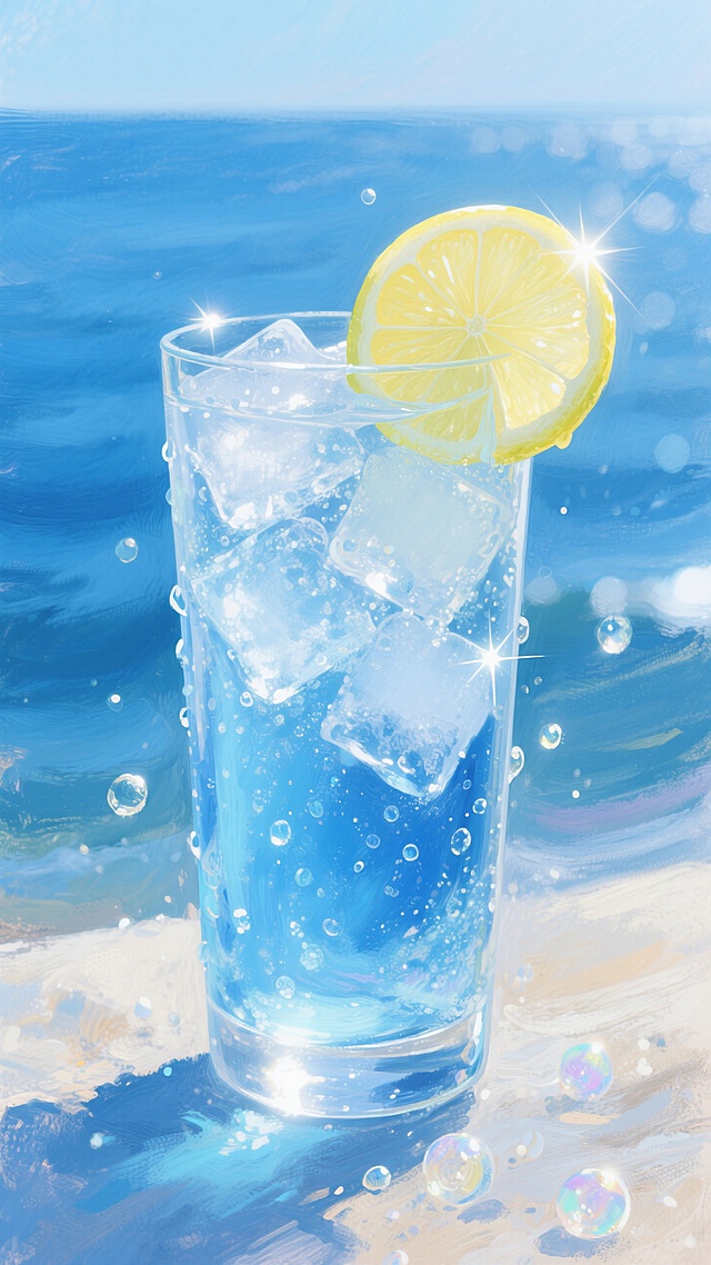 超大杯的装满冰块的蓝色柠檬气泡水立在画面中央，蓝色大海背景，清新夏日氛围