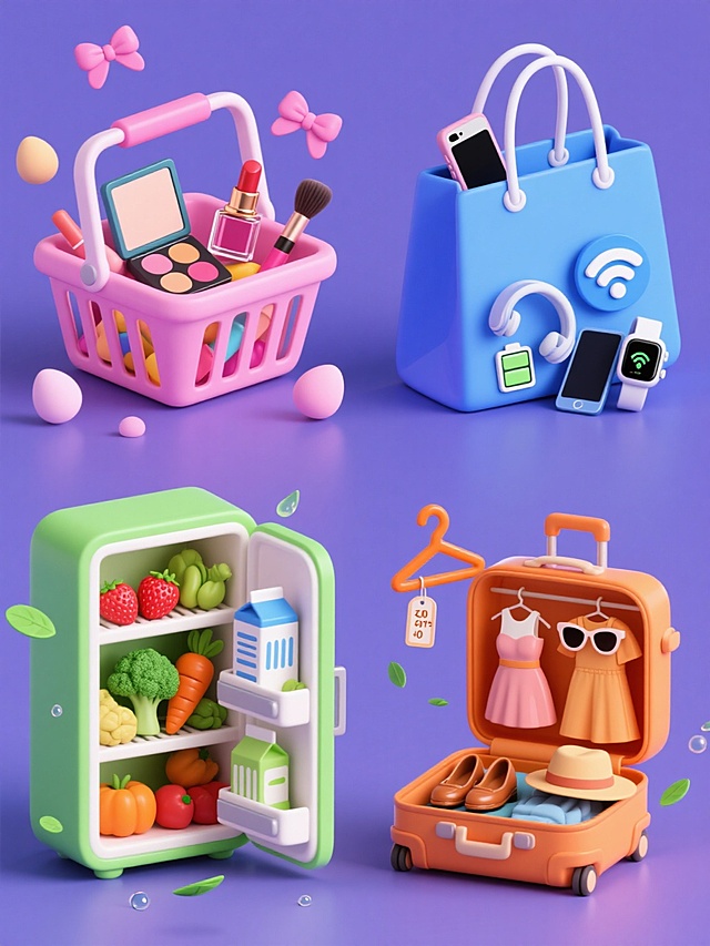一系列4个商城系列素材，每个素材均为3D立体风格，纯色背景，规整排布。第一个素材：粉色购物篮装满彩色美妆产品，包括口红、香水、眼影盘和化妆刷，周围散落着粉色蝴蝶结和美妆蛋；第二个素材：蓝色手提袋中露出各式数码产品，如智能手机、无线耳机、平板电脑和智能手表，旁边有蓝色的Wi-Fi符号和电池图标；第三个素材：绿色冰箱门打开，里面塞满新鲜蔬果，有草莓、胡萝卜、西兰花和牛奶盒，周围飘着绿色的叶子和水滴；第四个素材：橙色行李箱内装满时尚服饰，包括连衣裙、太阳镜、皮鞋和帽子，旁边有橙色的衣架和尺码标签。所有元素均保持圆润可爱的3D建模风格，色彩明快鲜艳，光影柔和，具有统一的商城促销氛围。