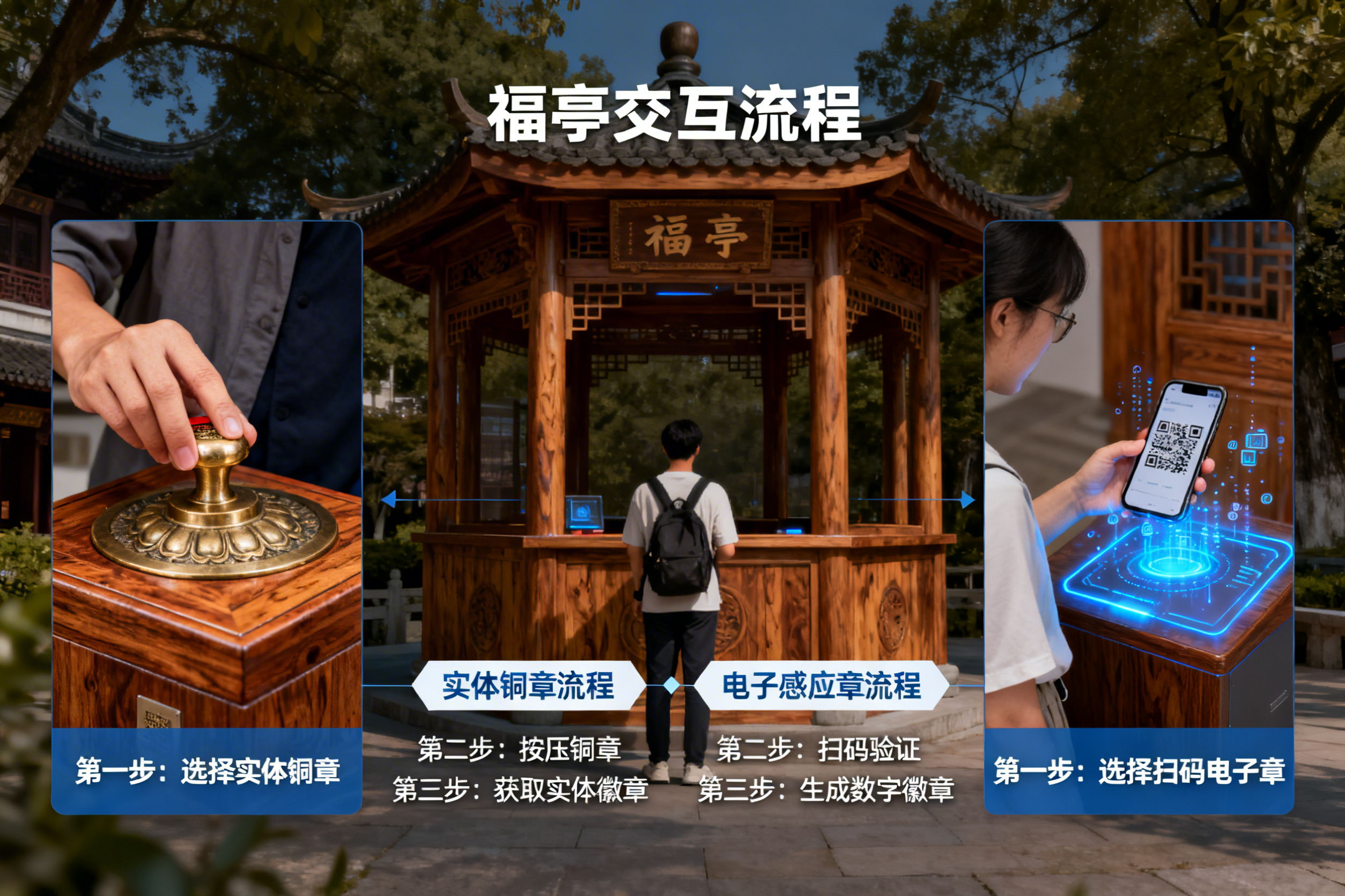 设计电子感应章交互示意图：展示游客在福亭前，可选择盖实体铜章，… - 图片创意预览
