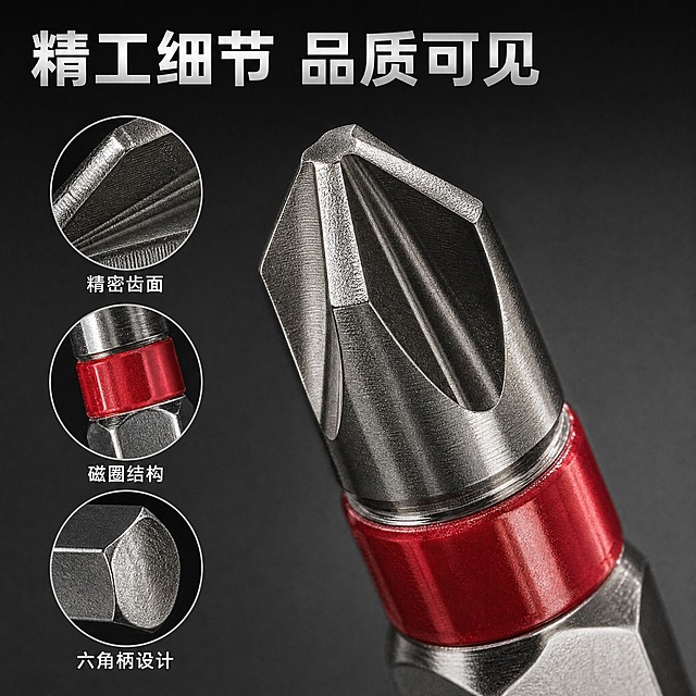 电商产品主图，十字螺丝刀批头微距特写，十字齿形清晰可见，金属质感强烈。左侧三个圆形放大窗口分别展示：精密齿面、磁圈结构、六角柄细节。深灰色背景，顶部标题"精工细节 品质可见"。微距摄影质感，侧光突出金属纹理和加工精度。1:1正方形，2K分辨率，清晰锐利，无水印。