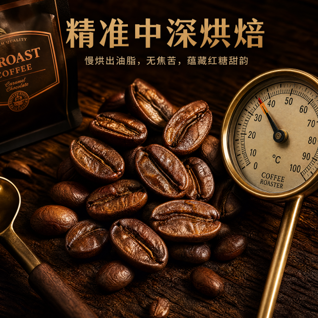 [主图-4] 精准中深烘焙卖点展示图。氛围风格：醇厚温暖的食品电商风格，突出烘焙工艺优势。画质：商业摄影质感，光线柔和通透，产品清晰真实，画面干净高级。元素：主体展示切开的咖啡豆，突出内部饱满油脂纹理预览效果