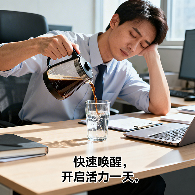商务办公场景，办公桌前，睡眼惺忪的人正手持咖啡将其倒入水杯，画面下方配有文案"快速唤醒，开启活力一天"，写实摄影风格，明亮清晰的商务办公氛围