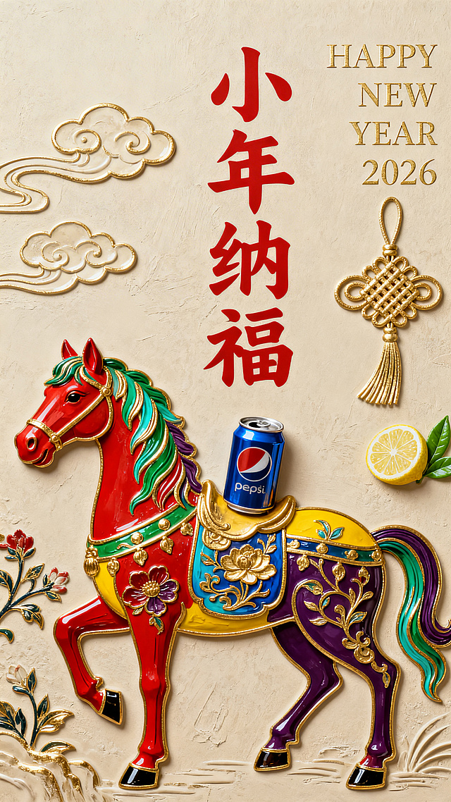 2026 丙午马年春节小年海报，左侧是色彩鲜艳的彩马（正红 + 翠绿 + 宝蓝 + 明黄 + 深紫配色，马背上是易拉罐，带祥云、缠枝花卉传统纹样，金色勾边），背景为浅米色；右侧上方是浅金色 “HAPPY NEW YEAR 2026” 英文底纹，中间是红色书法字体 “小年纳福”，；最右侧是浅金色中国结、柠檬、绿茶叶装饰，整体色调雅致喜庆，传统纹样与现代设计结合。