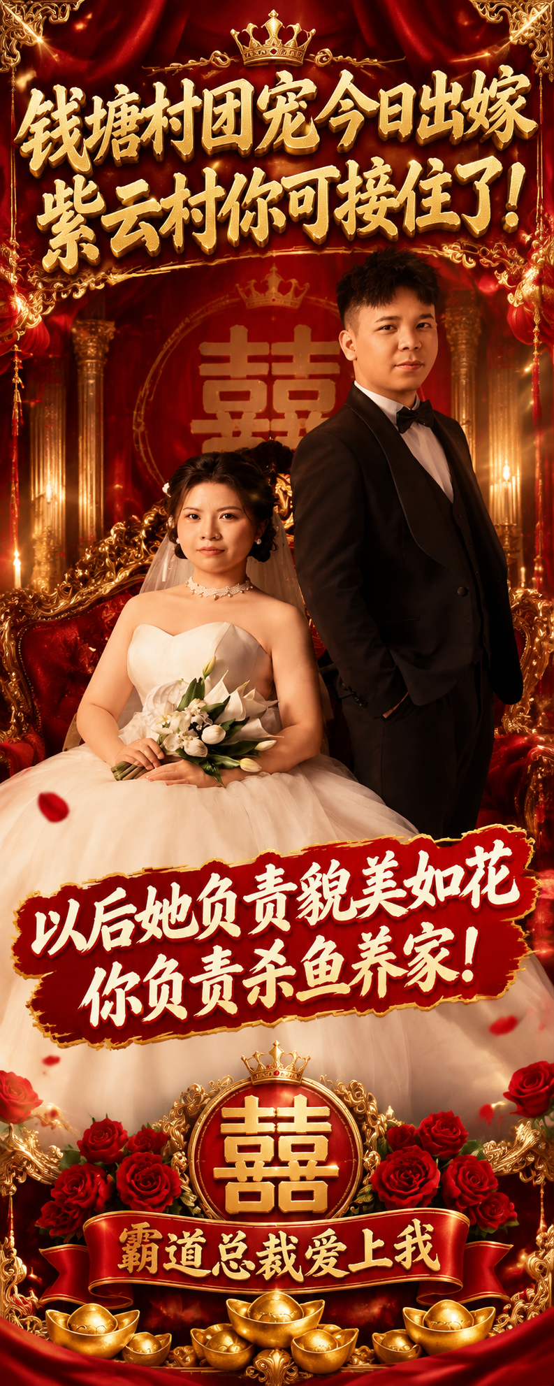基于图中这对新人的婚纱照，制作一张霸道总裁土味风格的婚礼易拉宝… - 图片创意预览