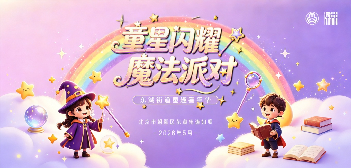 保留现有海报的所有文字、人物和彩虹内容，只在画面下方左右两边的云朵区域添加更多魔法题材元素，比如魔法星星、水晶球、魔法书、漂浮的光点，整体风格和原图保持一致预览效果