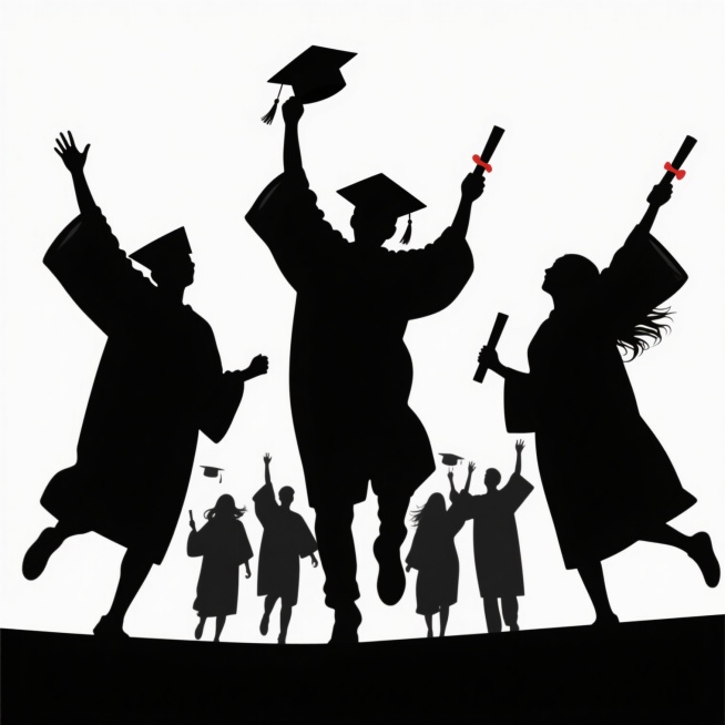 毕业主题海报设计，白色背景上的黑色剪影风格，一群身着学士服的毕业生，有的抛起学士帽，有的手持文凭，手臂高高举起，姿态充满欢庆与希望，整体构图简洁有力，视觉焦点突出，通过人物剪影的动态感传达毕业的喜悦与对未来的憧憬，设计风格简约现代，信息传达直接明了，符合毕业季的积极氛围。预览效果