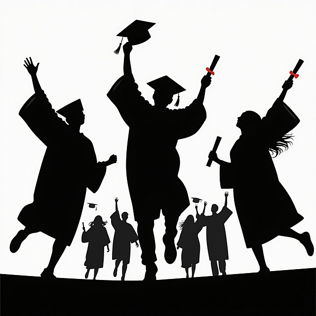 毕业主题海报设计，白色背景上的黑色剪影风格，一群身着学士服的毕业生，有的抛起学士帽，有的手持文凭，手臂高高举起，姿态充满欢庆与希望，整体构图简洁有力，视觉焦点突出，通过人物剪影的动态感传达毕业的喜悦与对未来的憧憬，设计风格简约现代，信息传达直接明了，符合毕业季的积极氛围。