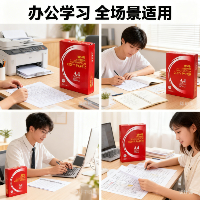 [主图 4] A4复印纸多场景适用展示。[氛围风格] 生活化办公场景，自然温馨，展示产品多用性。[画面元素] 商业摄影质感，光线柔和通透，产品清晰真实，画面干净高级。四宫格构图，分别展示四种不同使用场预览效果