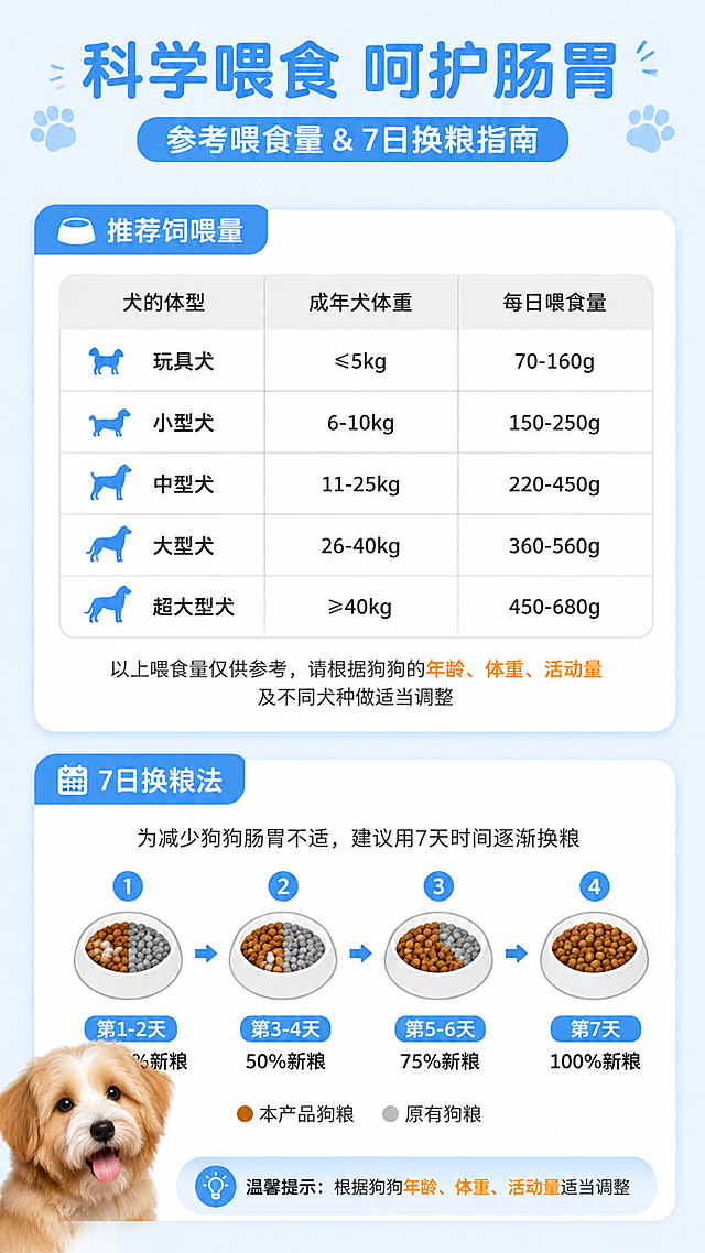 [第7张] 喂食指南页-饲喂量表+7日换粮法。本张使用【图2】背面成分表作为参考信息来源。
[氛围/风格] 清晰专业信息图风格，天蓝色系，圆角卡片式排版，易读性强。
[元素布局] 上半部分是饲喂量表格，按犬体型分类（玩具犬/小型犬/中型犬/大型犬/超大型犬），对应体重和每日喂食量；下半部分是7日换粮法示意图，用4个碗的渐变图示展示25%→50%→75%→100%的过渡；左侧有一只可爱狗狗头像装饰；背景是淡蓝色+圆角信息卡片；整体信息清晰有条理。
[光影质感] 平面信息图风格，柔和阴影增加卡片立体感，整体干净清爽。
[配色色系] 全局底色 #E3F2FD 淡天蓝；主色天蓝 #42A5F5；辅助色表格浅灰 #F5F5F5、强调色橙 #FF9800；文字深灰 #333333。
[视角构图] 上下分栏信息图布局，阅读动线上半饲喂表 → 下半换粮法 → 顶部标题。
[文字版式] 顶部居中大标题。主标题「科学喂食 呵护肠胃」，副标题「参考喂食量 & 7日换粮指南」；上半部分表格标题「推荐饲喂量」，五行数据清晰排列；下半部分标题「7日换粮法」，四个步骤碗图标+文字「第1-2天 25%新粮」「第3-4天 50%新粮」「第5-6天 75%新粮」「第7天 100%新粮」；底部提示「根据狗狗年龄、体重、活动量适当调整」；所有文字清晰可读。
[比例分辨率] 9:16 竖版比例，4K分辨率，文字清晰可辨，高清画质。
[负向提示词] 文字错乱，表格模糊，水印，颜色偏差，信息错误，背景杂乱。