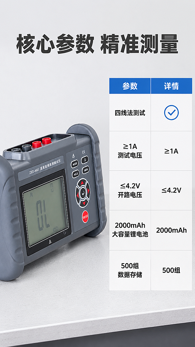 [主图-2] ZXD-460直流低电阻测试仪核心卖点参数展示图。氛围风格：专业硬核工业品风，清晰技术感。画质：商业摄影质感，光线明亮通透，产品清晰真实，画面干净高级。元素：保持ZXD-460直流低电阻测试仪外观（物理结构、材质质感、颜色）与输入产品图绝对一致，杜绝任何变形和色差，精细化处理；左侧放置产品主体大图，右侧排列核心技术参数表。产品主体占画面45%，参数区占50%，整体满版排布。背景为浅灰色专业工作台。光影：主光均匀打亮产品和参数区，文字清晰，产品边缘高光锐利，没有阴影暗沉。配色：主色浅灰背景，产品深灰，参数表头蓝底白字，内容黑字清晰对比。视角构图：产品左侧平视展示，右侧参数排版，整体构图均衡稳定。文字版式：顶部大标题写"核心参数 精准测量"，深灰色粗体；右侧参数区，表头蓝色块写参数/详情，依次展示：四线法测试 ≥1A测试电压 ≤4.2V开路电压 2000mAh大容量锂电池 500组数据存储，每个参数项清晰对齐，字重区分层级，保证可读性。比例分辨率：9:16比例，4K分辨率，文字清晰可辨，超高清。负向提示词：变形，水印，文字错乱，产品图模糊，背景杂乱，玩具感，廉价感。
