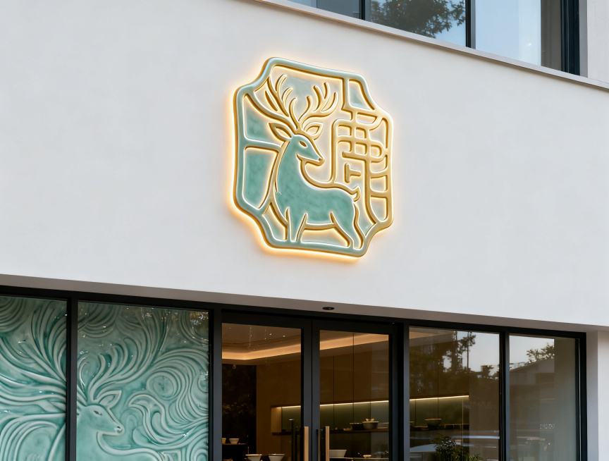 高端新中式餐具品牌「东方禾鹿」店铺门头，安装极简印章风LOGO（抽象瑞鹿+「东方禾鹿」篆刻字体），哑光金搭配青瓷釉色，暖LED氛围灯，线条简约雅致，东方留白，现代中式风格，干净外立面，带青瓷纹样的大面预览效果