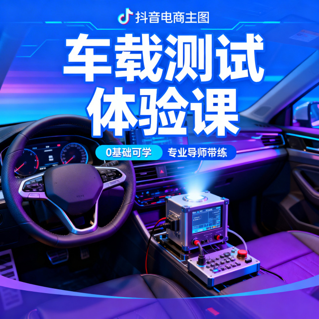 抖音店铺主图，画面主体为汽车驾驶舱内专业测试设备，搭配醒目的“车载测试体验课”标题，背景为科技感蓝色渐变，添加“0基础可学”“专业导师带练”小字卖点，整体风格醒目吸睛，符合抖音电商调性预览效果