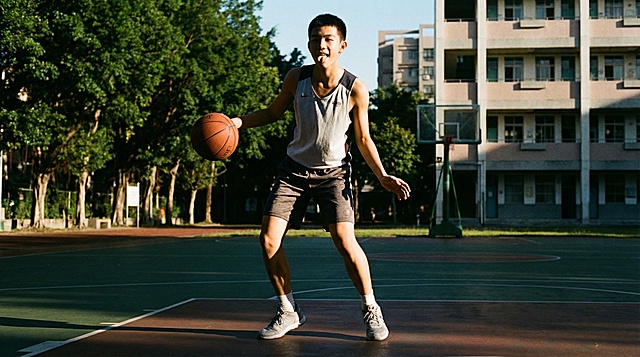 将线稿完善为摄影写实风格，人物为中国高中生，男生吐舌头，人物保持原有的动作姿态和角度不变，阳光从照亮了男生右半边身体，形成一半受光一半阴影的侧光效果，整体画面具有写真摄影的质感