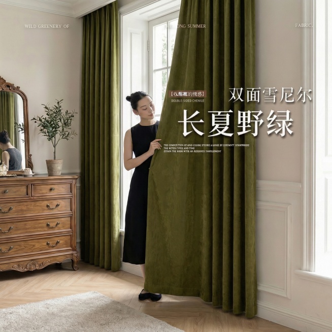 把窗帘的颜色变成橄榄绿色，不要改变原来窗帘的质感材质，其余保持不变，也不要改变字的字体，颜色，大小，排版布局；（换色）预览效果
