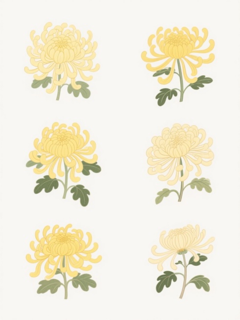 6个不同样式、不同材质的菊花，以整齐的排列方式置于纯白色背景之上，整体采用日式插画风格，线条流畅细腻，色彩明快柔和，黄色的菊花花瓣层次分明，搭配绿色的叶子，营造出清新雅致的氛围，具有较高的信息传达效率和设计感。预览效果