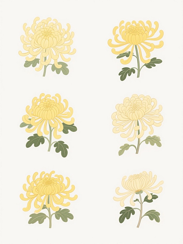 6个不同样式、不同材质的菊花，以整齐的排列方式置于纯白色背景之上，整体采用日式插画风格，线条流畅细腻，色彩明快柔和，黄色的菊花花瓣层次分明，搭配绿色的叶子，营造出清新雅致的氛围，具有较高的信息传达效率和设计感。