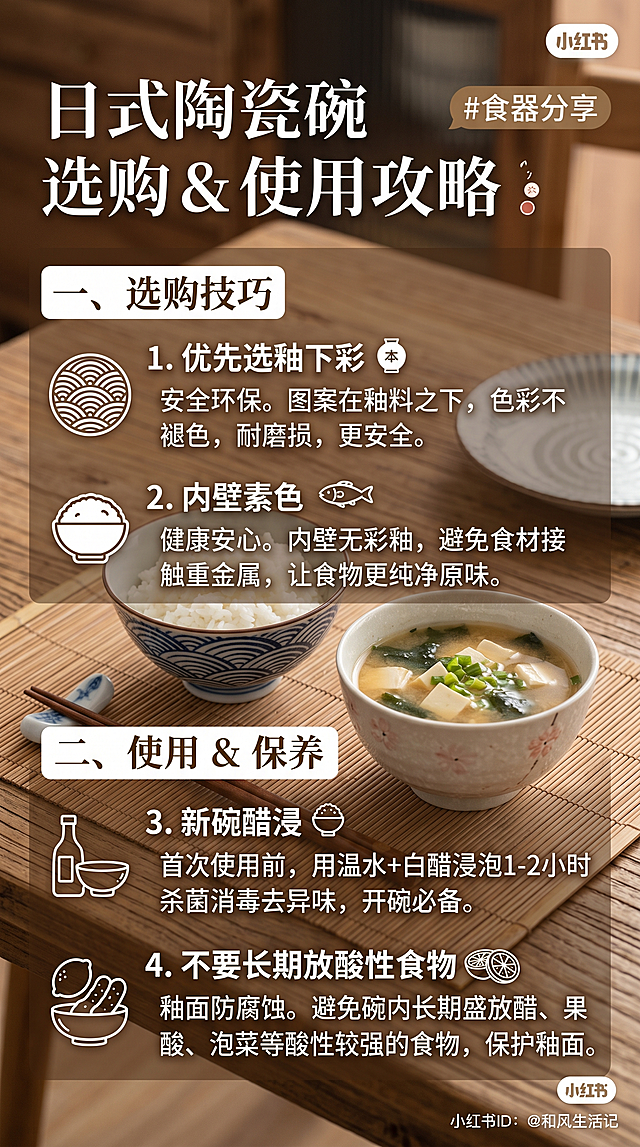小红书图文第三张，总结日式陶瓷碗选购&使用攻略，列出重点选购技巧：优先选釉下彩、内壁素色，新碗用白醋浸泡，不要长期放酸性食物，排版清晰干净，搭配日式陶瓷碗实拍背景