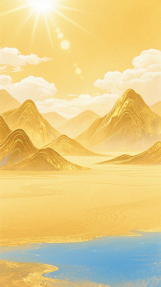 一幅具有鎏金国风元素的插画，画面整体配色以金色为主，辅以少量蓝色。画面上方是明亮的金色天空，阳光从云层中洒落，形成耀眼的光斑。天空下方是连绵起伏的金色山峦，山峦的轮廓清晰，表面有细腻的纹理。山峦之间是一片广阔的金色平原，平原上有一些淡淡的线条，仿佛是风吹过的痕迹。平原下方是一片蓝色的水域，水域的颜色由浅到深，呈现出渐变的效果。整个画面给人一种温暖、祥和的感觉，同时又不失大气磅礴的气势。画面采用了水彩画的风格，笔触柔和，色彩过渡自然，营造出一种梦幻般的氛围。