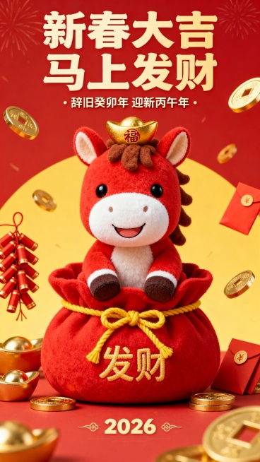 设计类型：3D设计风格海报：毛绒主体：正面红色小马（白色口鼻、棕色耳朵内侧与鬃毛，可爱微笑），头顶带 “福” 字的金色元宝，坐在绣有 “发财” 的红色福袋中（黄色绳结系紧），马蹄搭在袋子签前缘装饰元预览效果