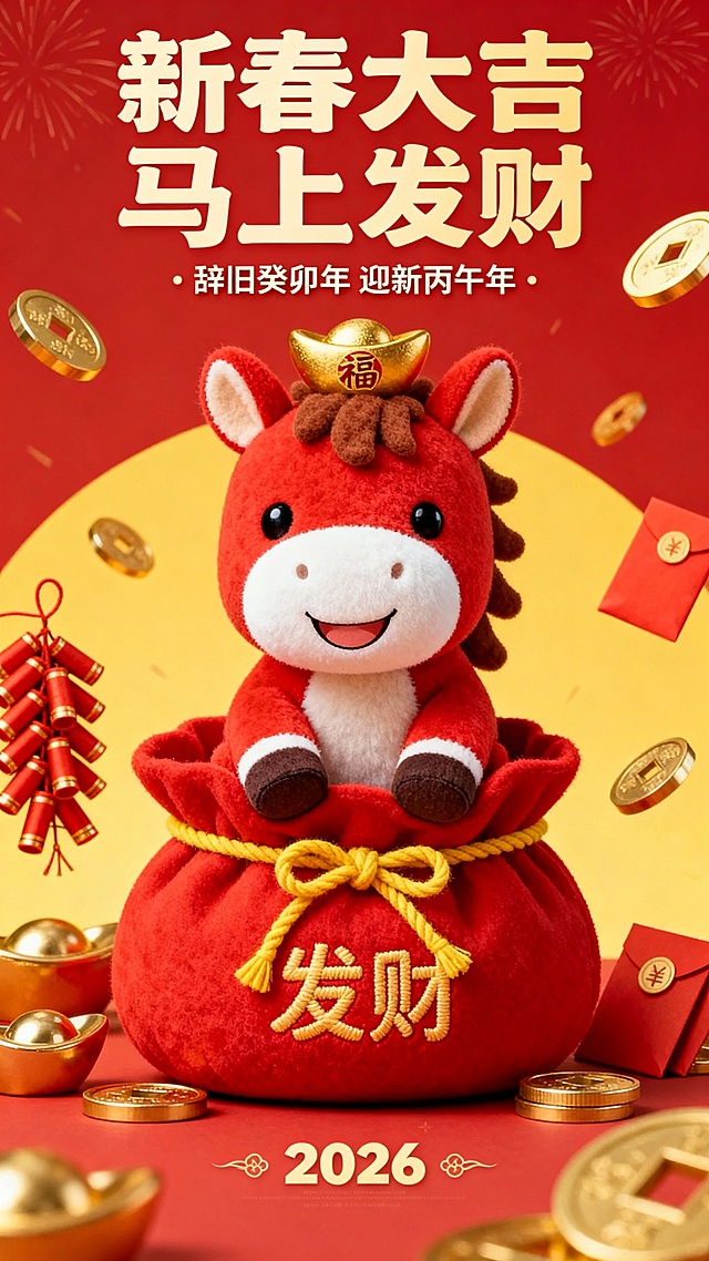 软3D风格萌马坐于刺绣风“发财”钱袋中，搭配金元宝、红包与鞭炮，喜庆卡通感十足，传递2026丙午年新春吉祥财运。