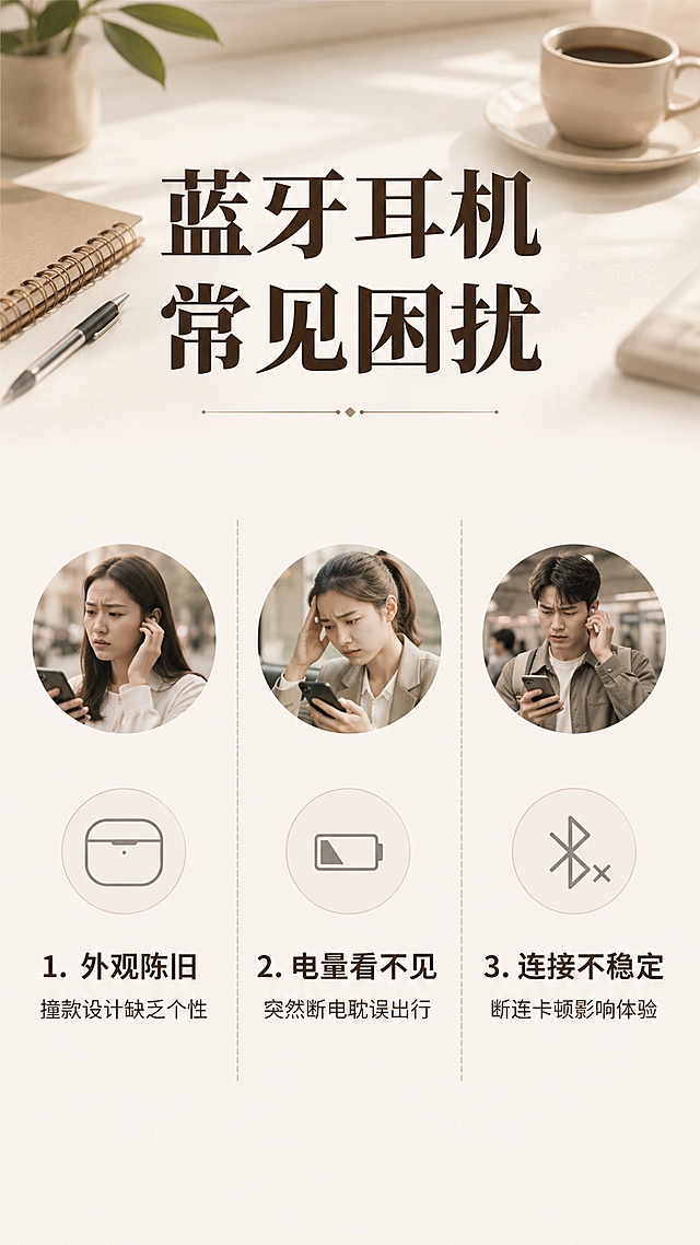 [第2屏] 核心痛点直击，梳理传统蓝牙耳机常见使用困扰。无需使用产品图。
[氛围/风格] 写实生活场景痛点共鸣风格，柔和真实生活化质感。
[元素布局] 画面分三栏展示三个常见痛点，每栏配简意图标和文字说明；上方大标题区域，背景为浅米色日常桌面场景；排版清晰分块，整体不拥挤。
[光影质感] 均匀柔和室内自然光，清晰展示文字和图标，明暗层次适中。
[配色色系] 全局底色 #f8f5f0，主色深棕文字，浅灰图标，浅棕分割线，保持整体复古柔和调性。
[视角构图] 正面纵向排版，从上到下阅读，标题区→三栏痛点区，信息层级清晰。
[文字版式] 顶部大标题「蓝牙耳机常见困扰」，三栏痛点分别为：1.「外观陈旧」搭配文字「撞款设计缺乏个性」；2.「电量看不见」搭配文字「突然断电耽误出行」；3.「连接不稳定」搭配文字「断连卡顿影响体验」，每栏文字清晰，图标简洁不抢主体。
[比例分辨率] 9:16竖版比例，4K分辨率，文字清晰可辨，高清画质。
[负向提示词] 文字错乱，文字过小，水印，背景杂乱，元素重叠