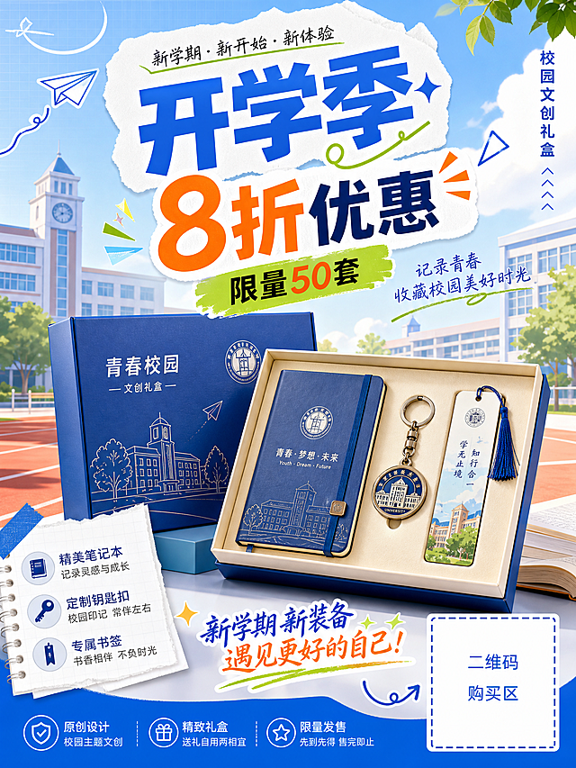 青春活力风格校园定制文创礼盒促销海报，包含文创礼盒（笔记本、钥匙扣、书签）产品实物元素，带有促销文案"开学季8折优惠"和"限量50套"，右下角预留购买二维码占位符，整体面向在校大学生，活力青春校园色调，设计简洁醒目，信息层级清晰