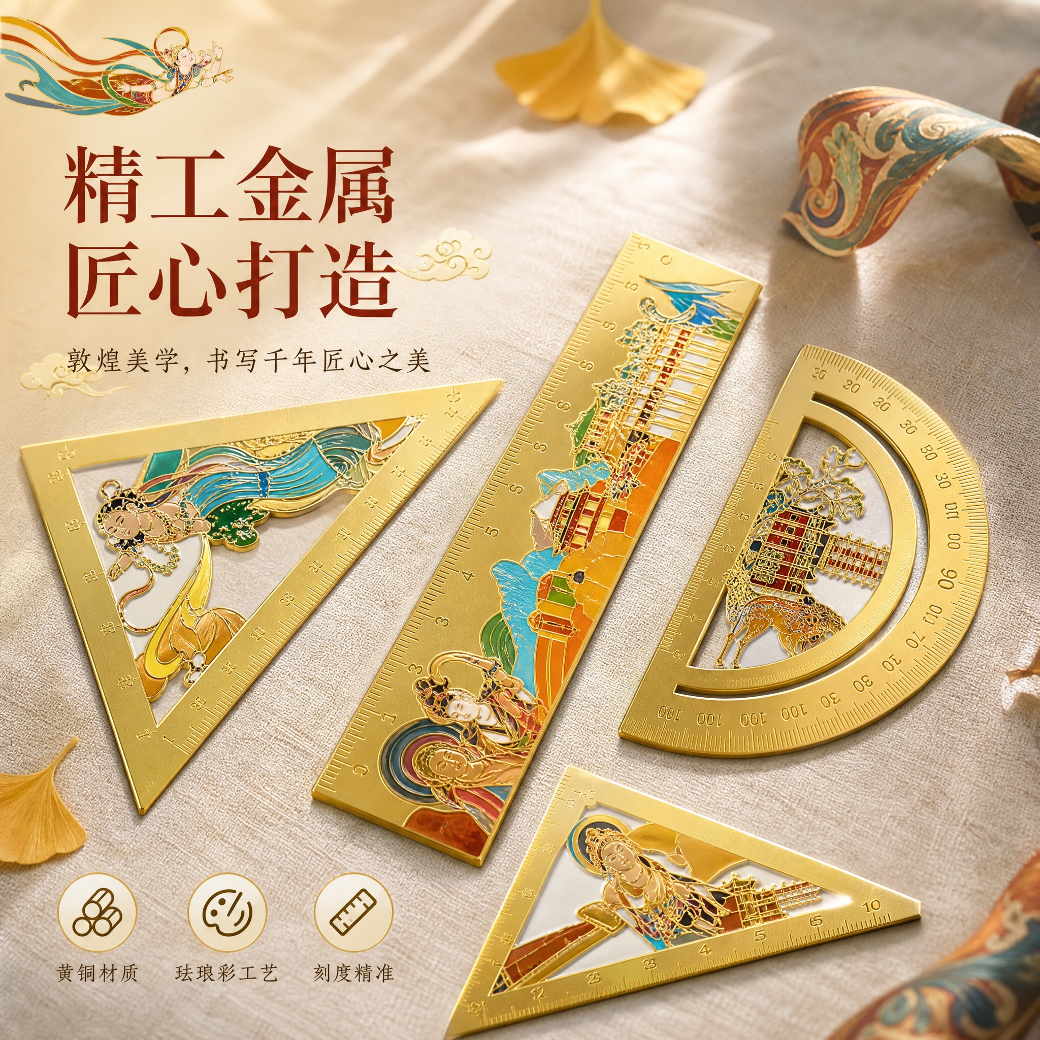 [主图-2] 敦煌金属套尺细节特写，展示金属材质工艺与敦煌图案… - 图片创意预览