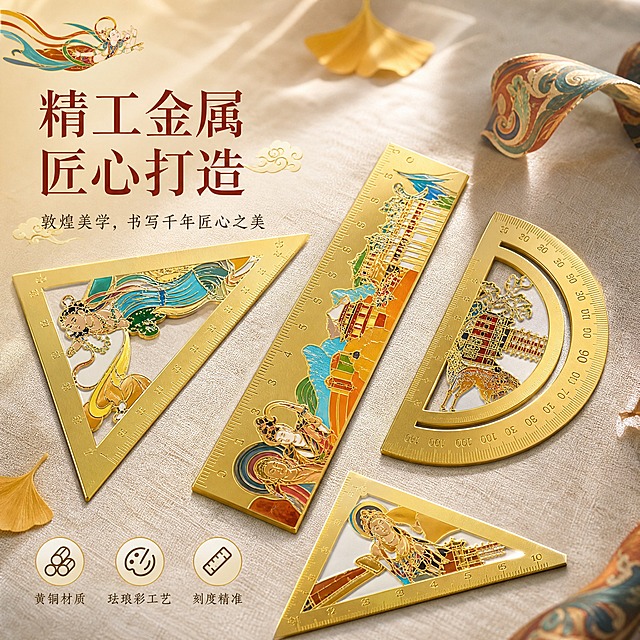 [主图-2] 敦煌金属套尺细节特写，展示金属材质工艺与敦煌图案精美度。
[统一基调] 国潮敦煌风格，背景主色为暖砂金色渐变，点缀敦煌飞天飘带与祥云纹样装饰；标题字色为朱砂红，辅助字色为深褐色，强调色为石青与石绿；字体采用宋体衬线体，古典雅致；卡片与图标用金色细描边，整体精致高级有文化底蕴。
[画面] 画面主体为四把套尺散落在浅米色亚麻布桌面上的特写，直尺横放中央，两把三角尺和量角器围绕摆放，形成错落有致的构图；近距离拍摄突出金属尺的厚度、边缘打磨光滑度、刻度清晰度，以及尺面珐琅彩敦煌图案的细腻色彩与精致线条；能清晰看到飞天人物衣袂飘举的细节、九色鹿的灵动神态、莫高窟建筑的层次；背景虚化，桌面上散落几片银杏叶和一小卷敦煌风格丝带作为点缀；产品占画面约70%，平视微俯角度。
[光影质感] 商业静物摄影质感，柔和侧光从右侧照射，金属边缘形成明亮高光带，尺面珐琅彩图案色彩饱和通透，桌面有柔和投影，整体温润有质感。
[配色] 背景浅米色亚麻质感，产品金色金属+多彩珐琅，标题朱砂红，辅助文字深褐色，点缀石青石绿。
[文字版式] 左上角大标题"精工金属 匠心打造"，下方三个小图标配文字分别标注"黄铜材质""珐琅彩工艺""刻度精准"，文字放在画面左上和左下负空间，不遮挡产品主体。
[输出要求] 1:1正方形比例，2K分辨率，产品细节清晰锐利，金属质感真实，图案色彩准确；禁止变形、错字、模糊、杂乱、水印、平台Logo。