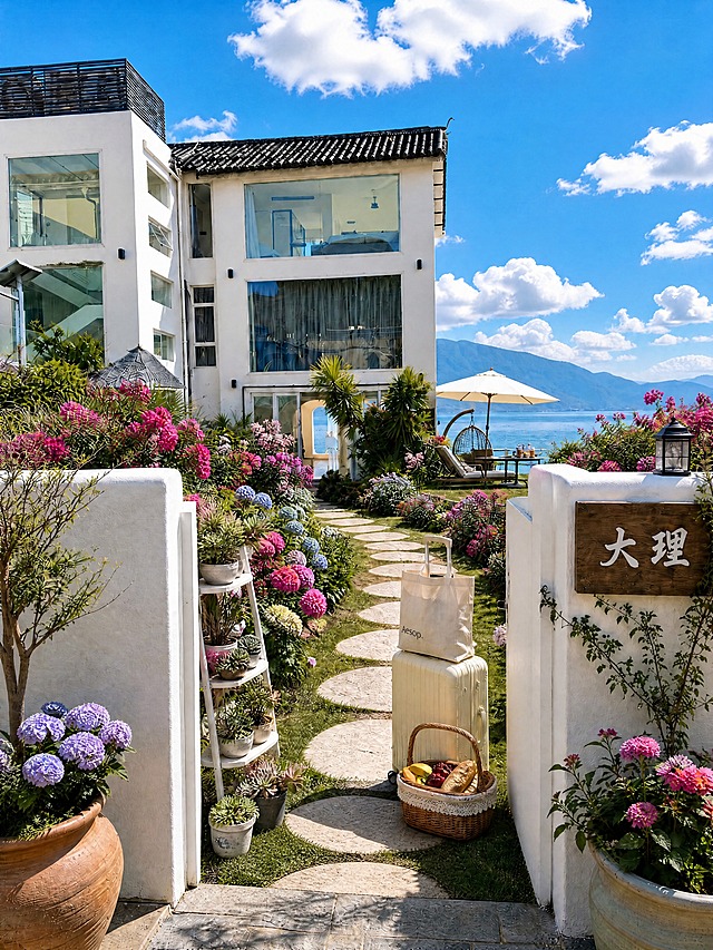 消除地上的冰咖啡杯和书，草帽、野餐篮、行李箱、帆布包等所有其他物品保持不变，消除后用石板路和草地自然填充，画面真实自然协调，完全保留原有场景和色调，提升清晰度至4K高清，大理民宿花园氛围，细节清晰锐利。