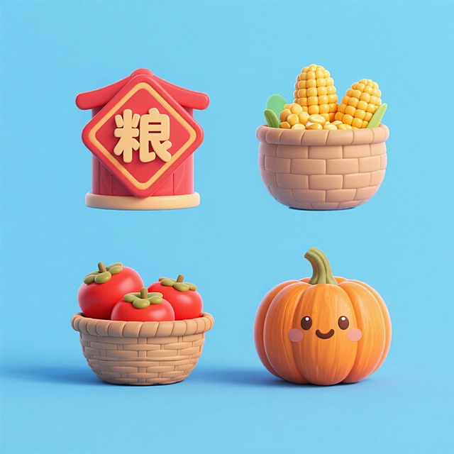 软3D粘土风，拟人化南瓜与丰收元素结合，卡通感十足，喜庆红黄配色，传递节日丰收喜悦。