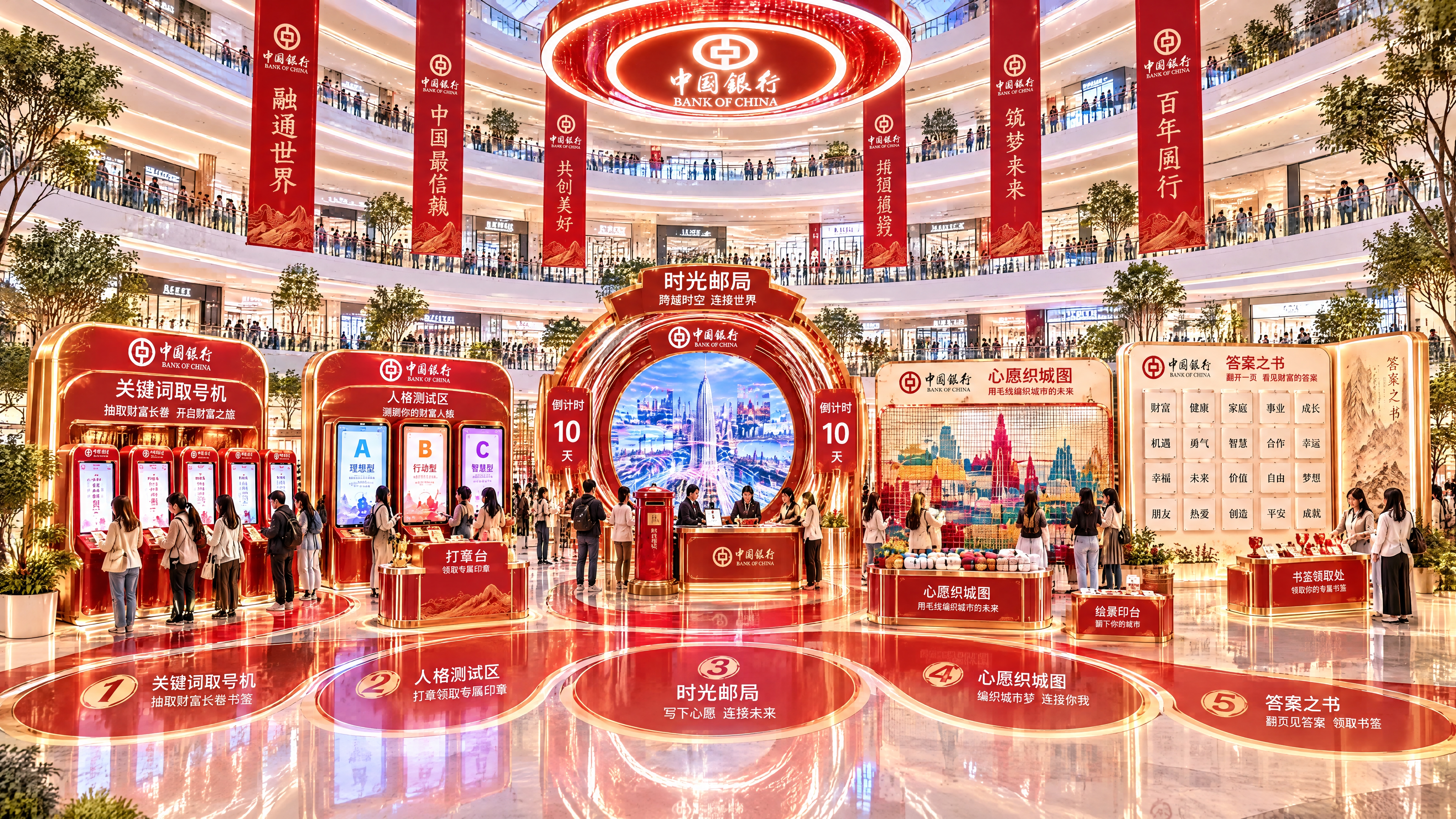 中国银行快闪活动全景空间，商场中庭大型快闪店，半圆弧形布局。整… - 图片创意预览