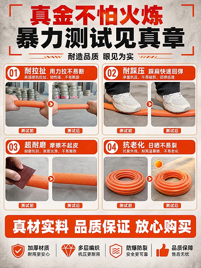 [商品] 使用【图1】橙色三层编织PVC软管；保留橙色外观、编织纹理和塑料材质；测试场景中软管形态自然 符合物理逻辑。
[画面] 页面目标：功能测试 四项性能可视化验证；测试对比型；画面顶部标题区 中部2x2四个测试场景宫格 每个宫格是一项性能测试画面；四个测试分别是 1.耐拉扯测试 双手用力拉扯软管两端 软管不变形 2.耐踩压测试 鞋子踩在软管上 软管压扁后快速回弹 3.耐磨测试 砂纸摩擦软管表面 表面无明显损伤 4.耐晒测试 软管放在阳光下 配太阳图标 展示抗老化；每个宫格有测试前后对比或效果展示；底部通栏总结。
[视觉] 套系策略：风格=拼多多工业风大字报 高信息密度 性价比感；标题字=粗黑体 大字醒目；正文字=简洁黑体 清晰可读；主色=橙红色；背景延展=浅灰渐变底 工业水泥质感 同色系深浅层级；强调色=亮橙色 用于图标 引线 标签；标题色=橙红色；正文色=深灰色；组件=圆角橙底白字卖点胶囊 浅灰信息卡 红色引线标注；光影=各测试场景光线明亮 产品光影自然 对比清晰。
[文字] 顶部主标题"真金不怕火炼 暴力测试见真章" 副标题"耐造品质 眼见为实"；四个宫格分别配标题和说明 1."耐拉扯 用力拉不易断" 2."耐踩压 踩扁快速回弹" 3."超耐磨 摩擦不起皮" 4."抗老化 日晒不易裂"；每个宫格标题在上 说明在下 横排；底部通栏橙底白字写"真材实料 品质保证 放心购买"；所有文字横排。
[规格] 图片比例3:4竖版 4K；避免变形、错字、文字过小、冷蓝背景、产品颜色改变、水印、平台Logo。
