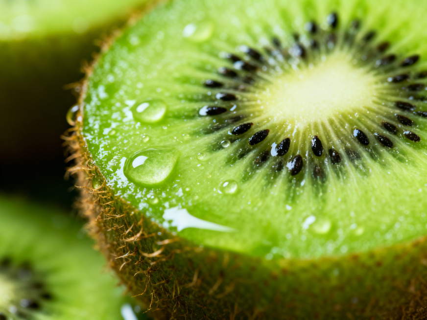 An extreme close-up of a sliced kiwi fruit, water droplets on the surface, vibrant green color with预览效果