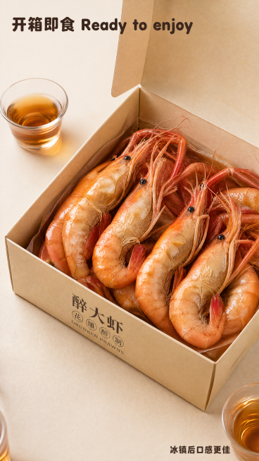 [第10屏] 实物开盒展示。本屏使用【图1】作为产品细节参考。
[氛围/风格] 真实开箱场景，生活化烟火气，真实摄影质感。
[元素布局] 打开的包装盒中装满处理好的熟醉罗氏虾，展示几块完整虾身，使用【预览效果